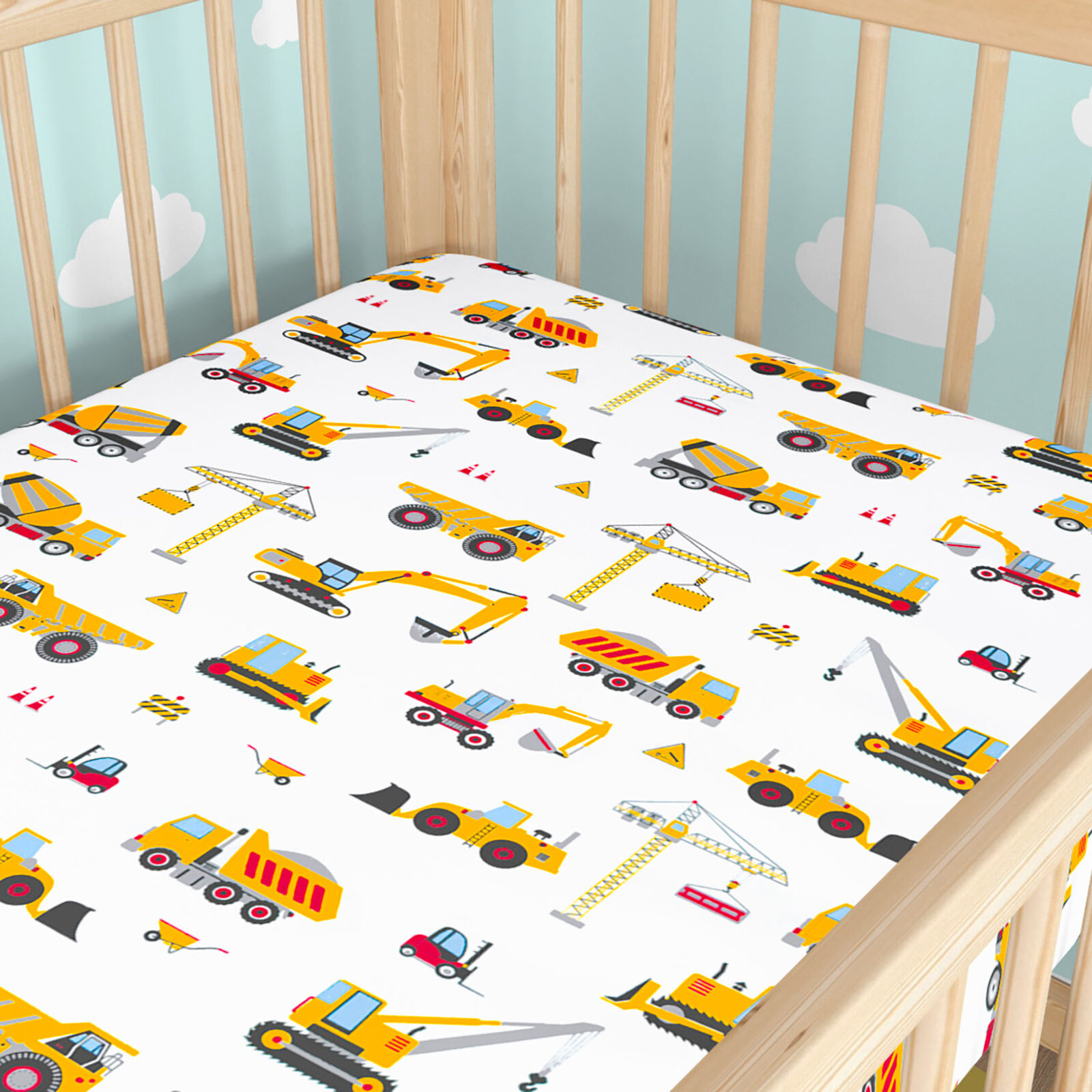 Katoenen hoeslaken voor een babybedje - Vrachtwagens en graafmachines
