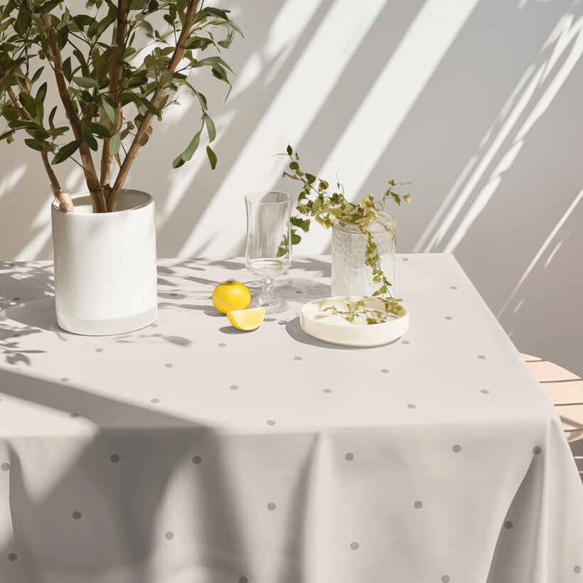 Hoekig tafelkleed 100% katoen renforcé - Stippen op beige