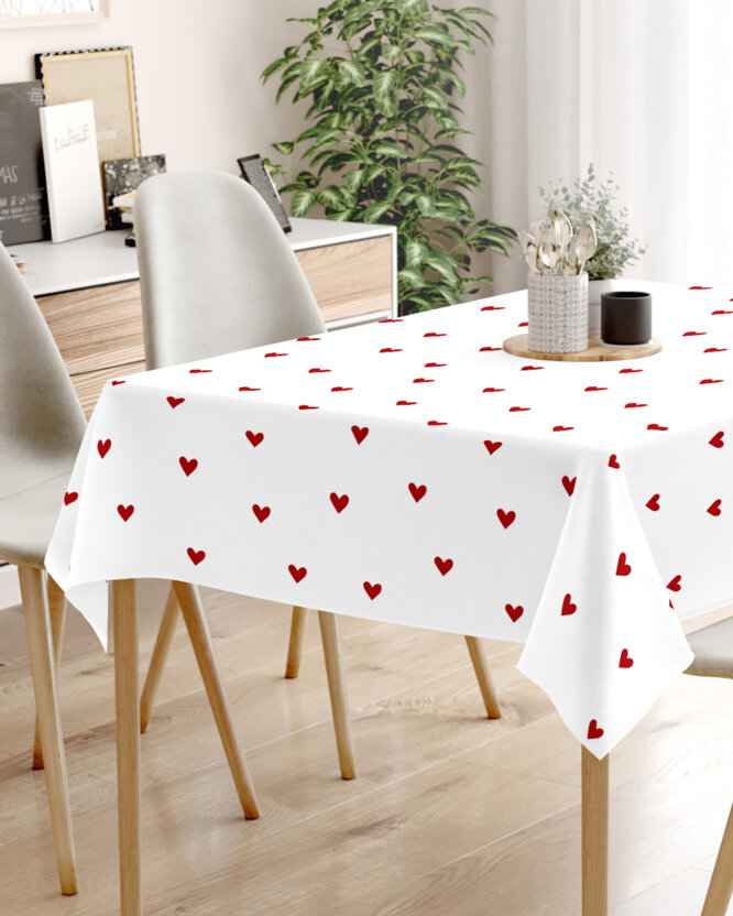 Hoekig tafelkleed 100% katoen renforcé - Rood hartjes op wit