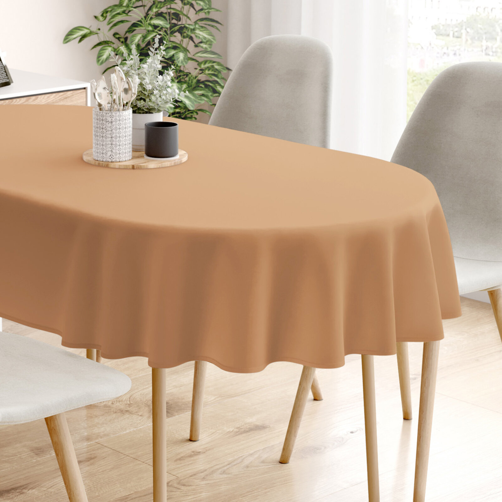 Ovaal tafelkleed 100% katoen renforcé - herfst bruin