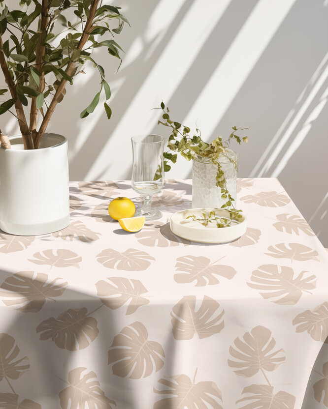 Hoekig tafelkleed 100% katoen renforcé - Tropische bladeren op beige