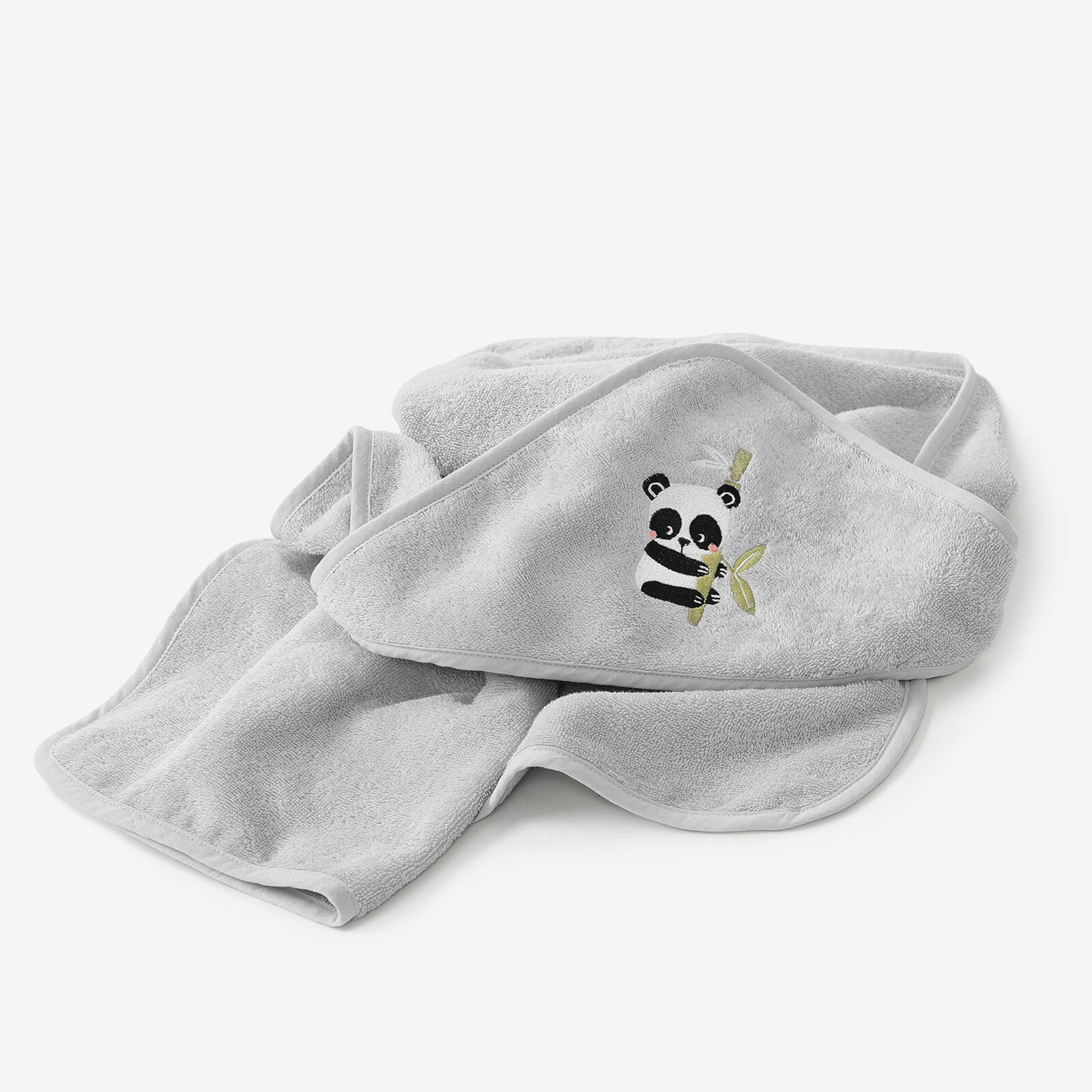 Kinder badstof badhanddoek met capuchon - Panda op lichtgrijs