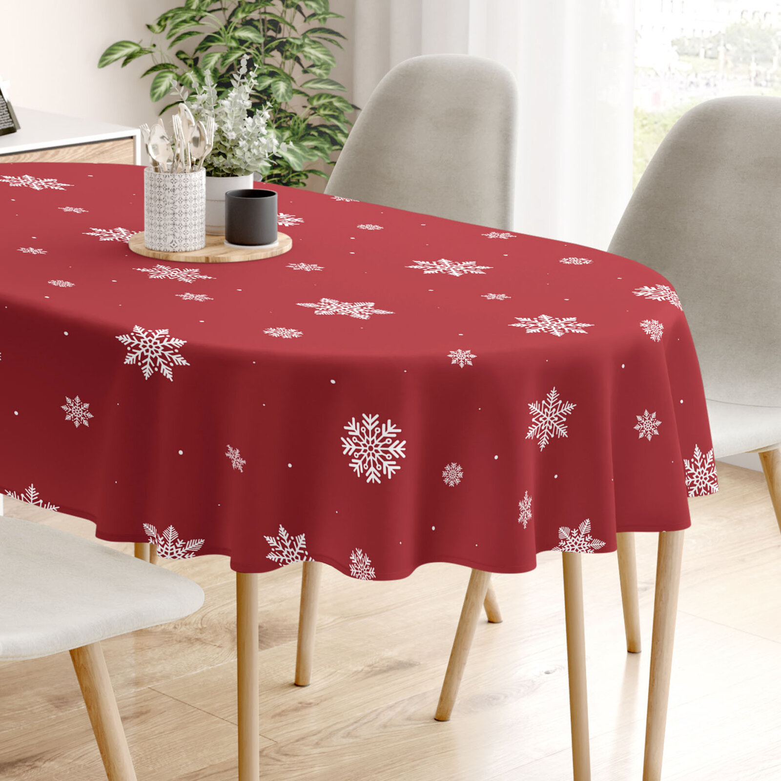 Ovaal tafelkleed 100% katoen renforcé - Sneeuwvlokken op rood