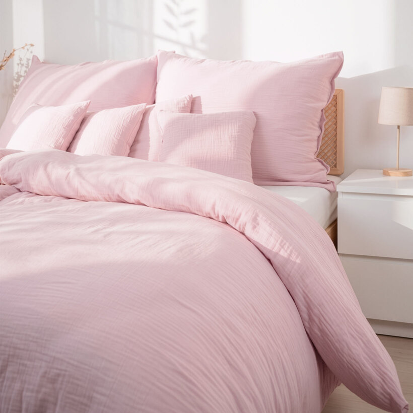 Mousseline beddengoed - pastelroze