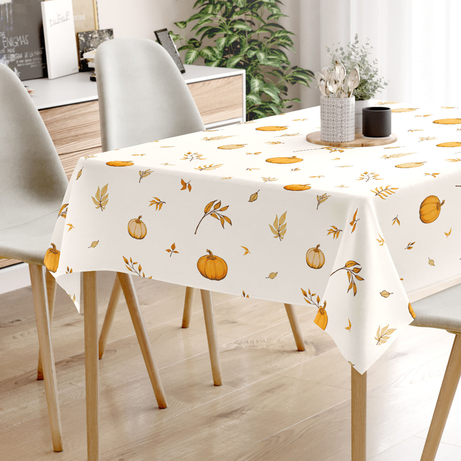 Hoekig tafelkleed 100% katoen renforcé - Herfst pompoenen en blaadjes
