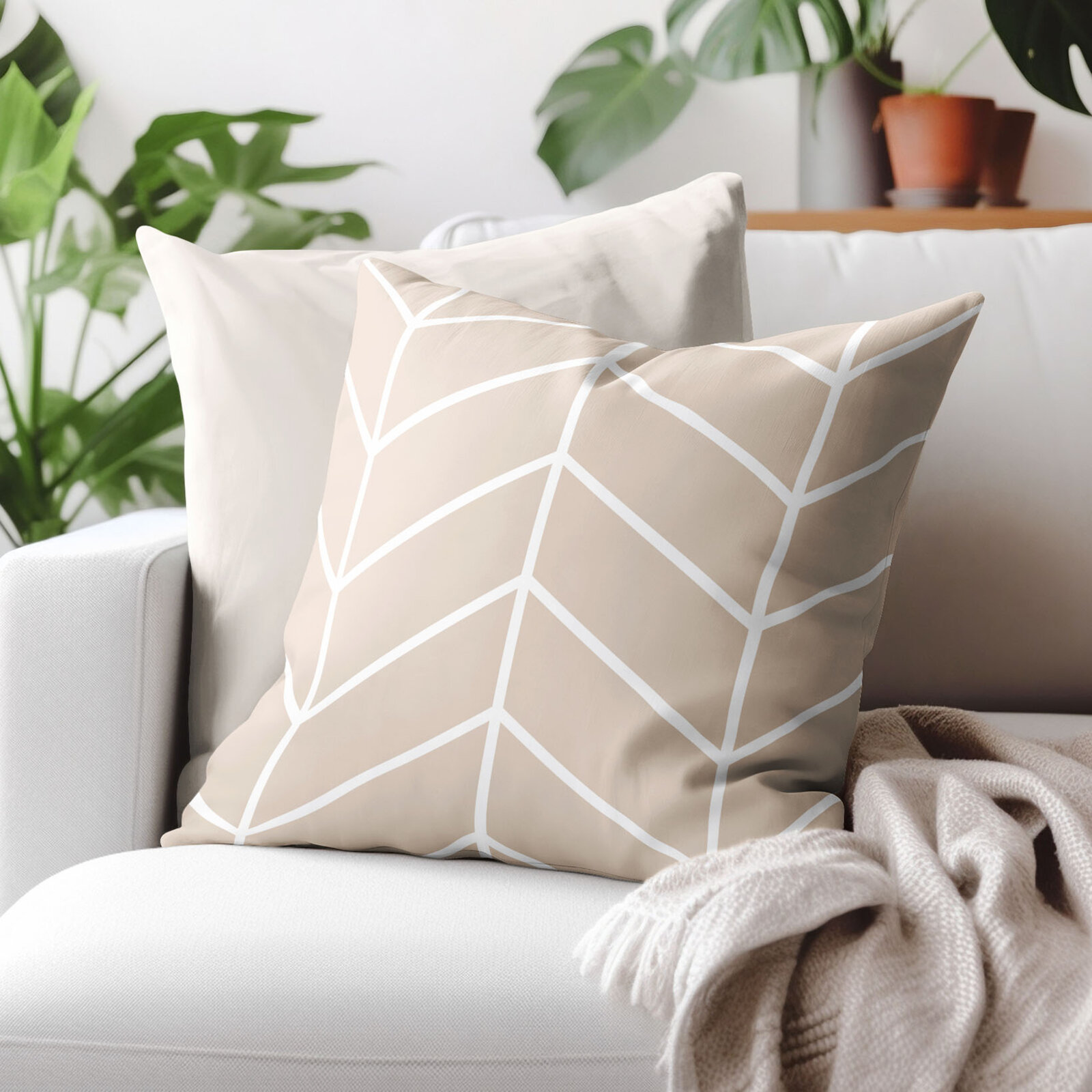 Katoenen kussensloop - Wit zigzag op beige