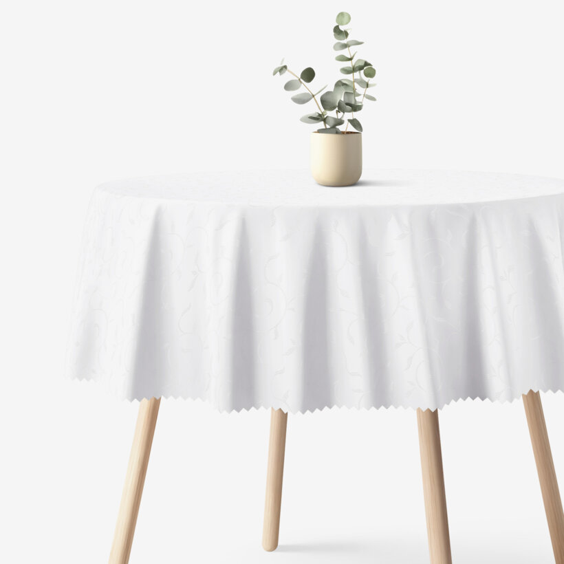 Feestelijk rond teflon tafelkleed - wit met grote ornamenten