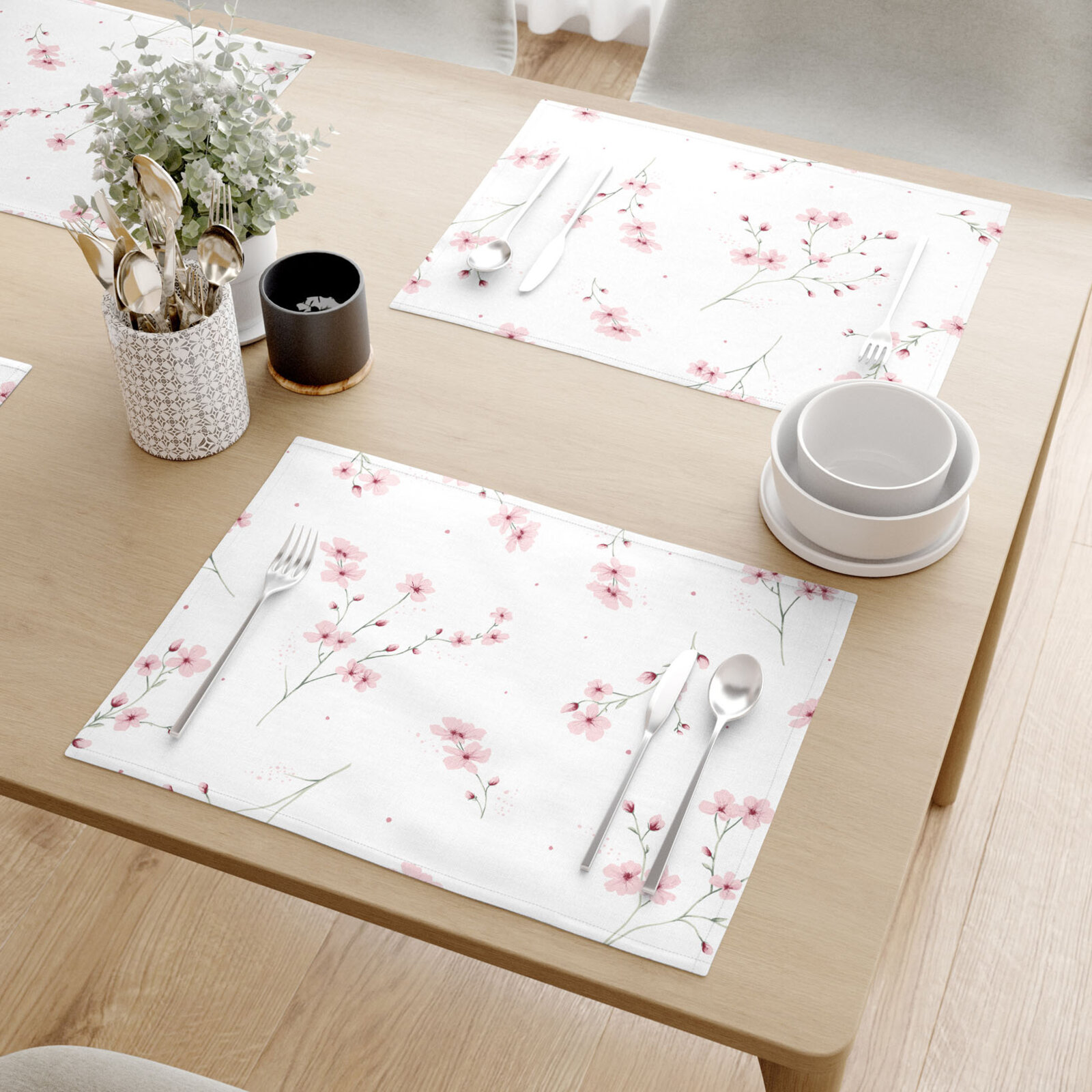 Placemat voor op tafel 100% katoen renforcé - Bloeiende sakura's - set van 2 stuks