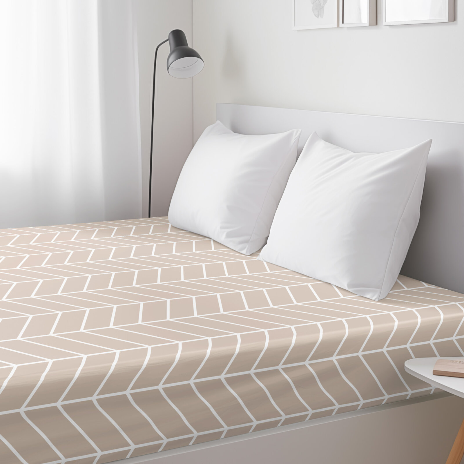 Katoenen hoeslaken - Witte zigzag op beige