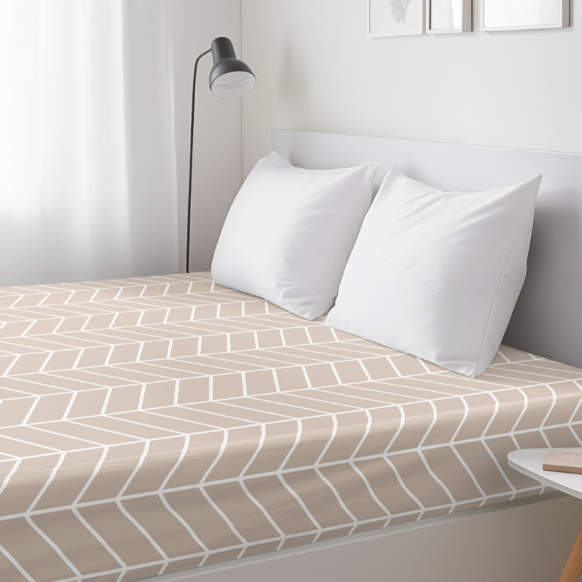 Katoenen hoeslaken - Witte zigzag op beige
