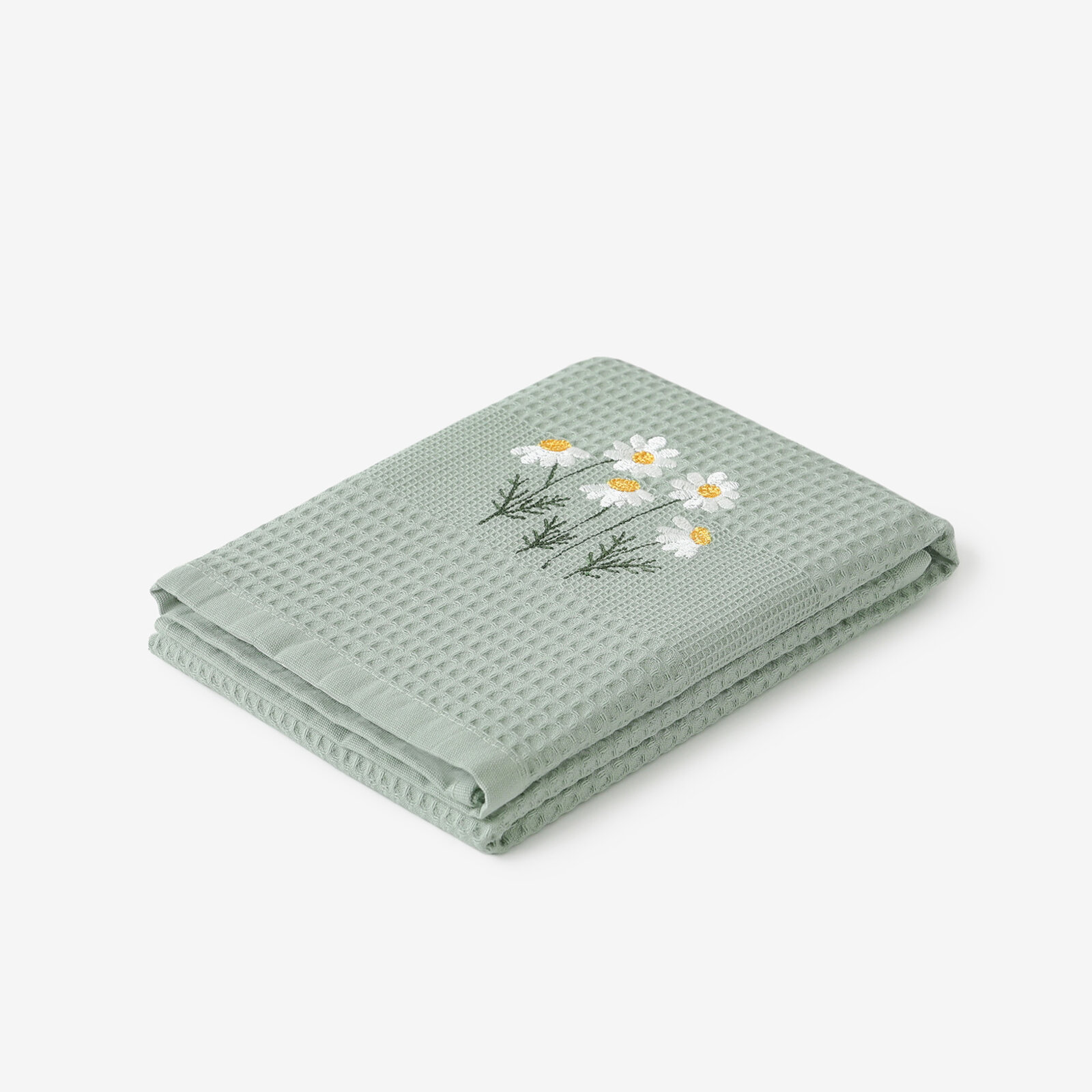 Keuken wafeldoek, geborduurde theedoek - Kamille op saliegroen