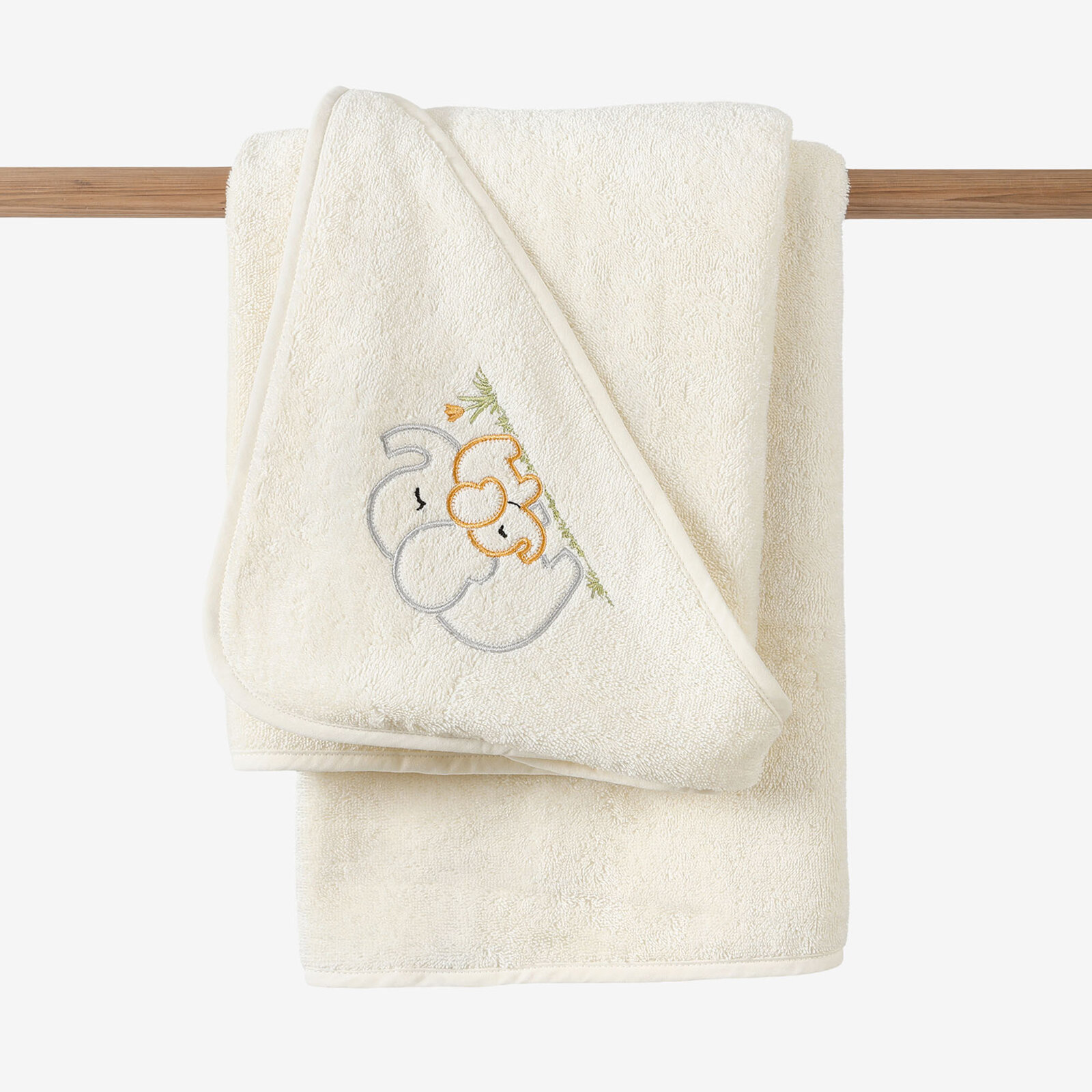 Baby badstof badhanddoek met capuchon - Olifantjes op crème