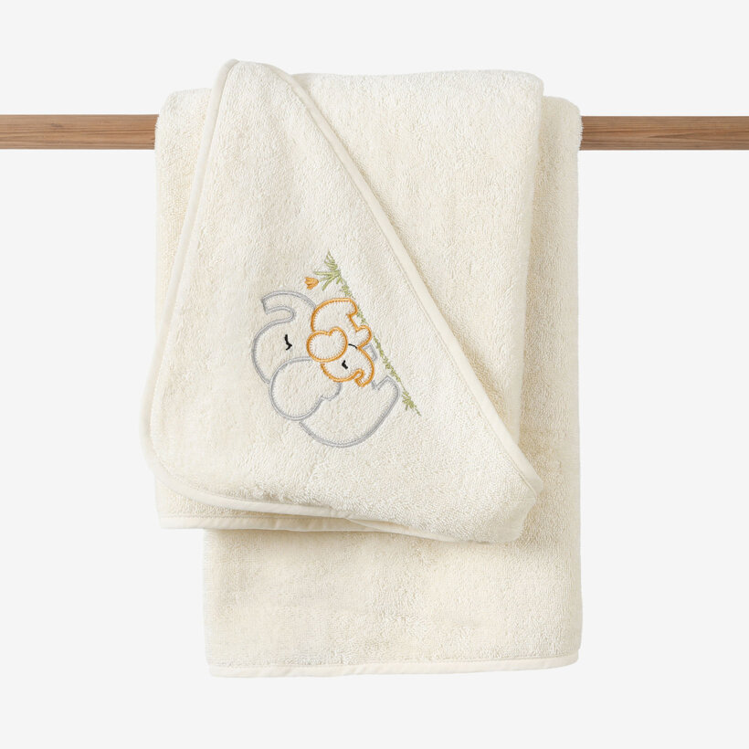 Baby badstof badhanddoek met capuchon - Olifantjes op crème
