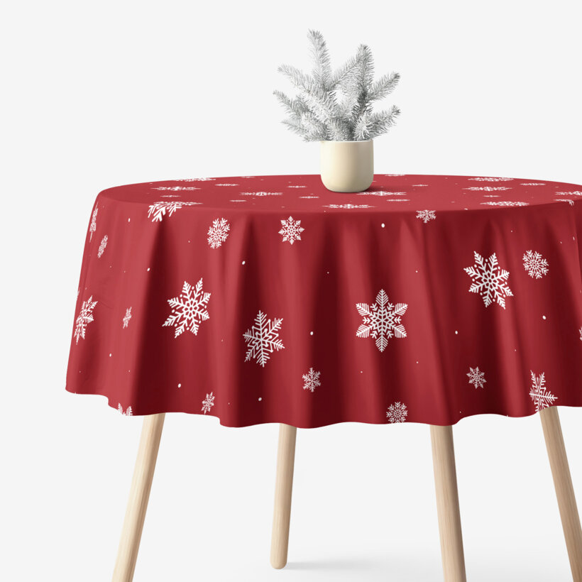 Rond tafelkleed 100% katoen renforcé - Sneeuwvlokken op rood