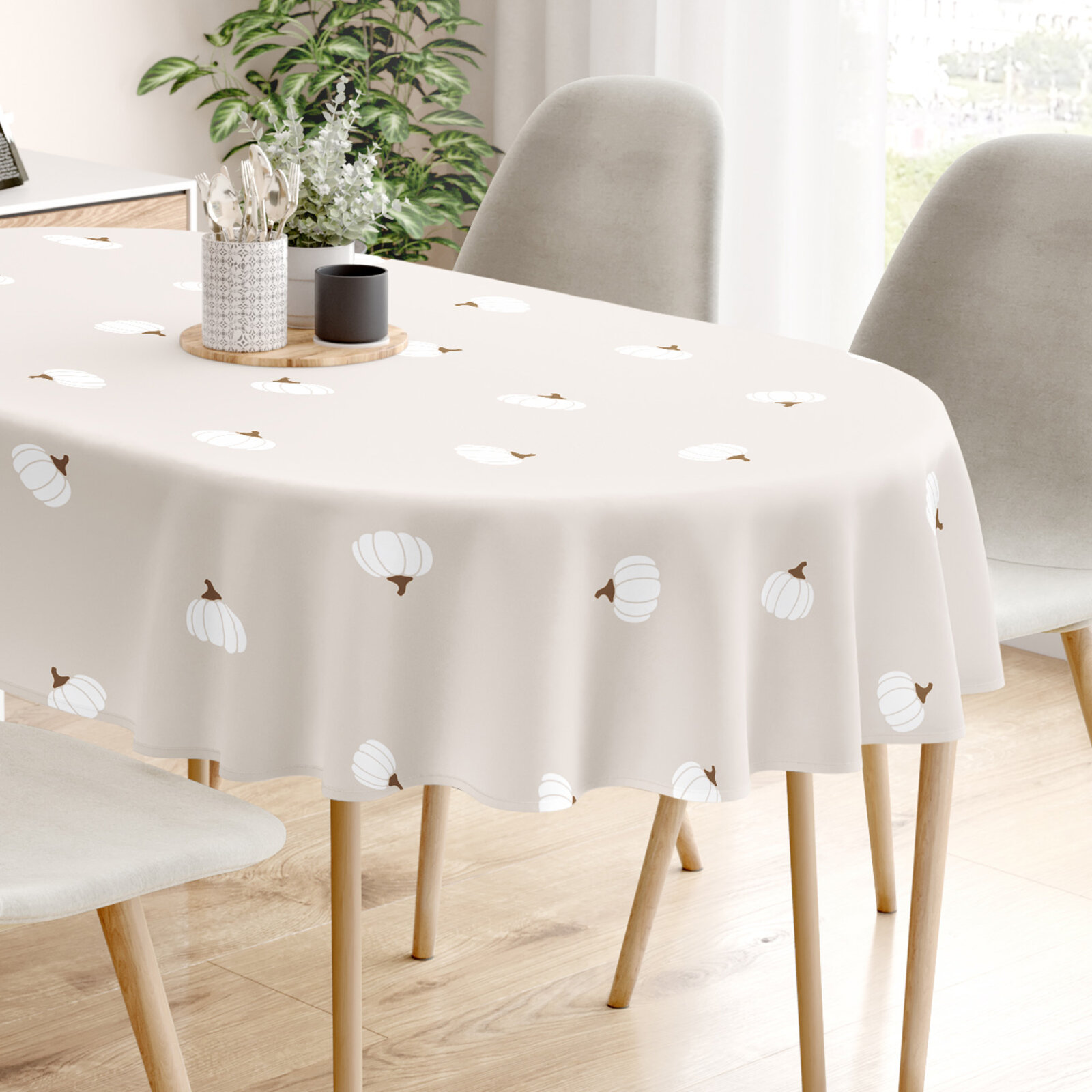 Ovaal tafelkleed 100% katoen - Pompoenen op crème