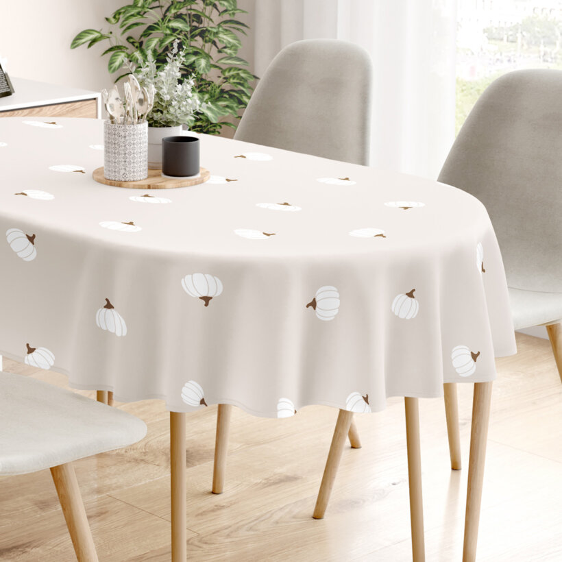 Ovaal tafelkleed 100% katoen - Pompoenen op crème