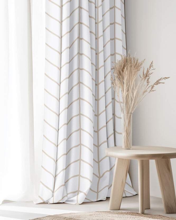Katoenen gordijn - Beige zigzag op wit