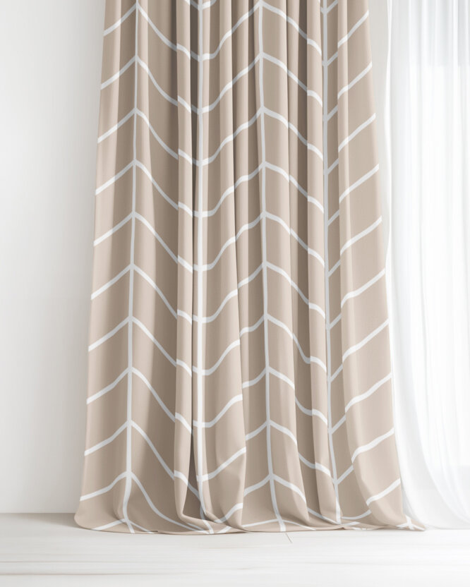 Katoenen gordijn - Witte zigzag op beige
