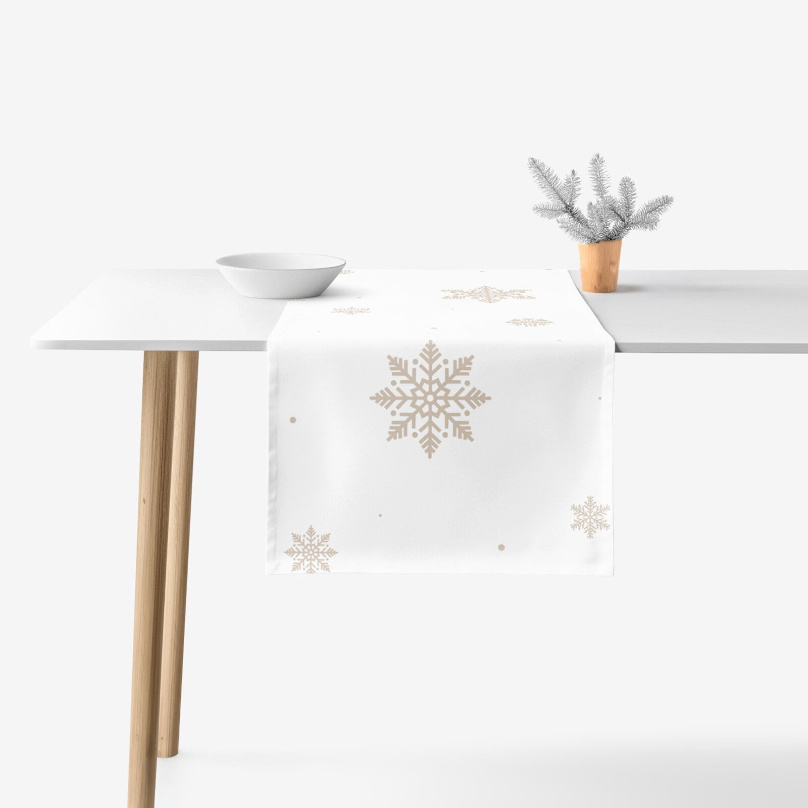 Tafelloper 100% katoen renforcé - Sneeuwvlokken op wit