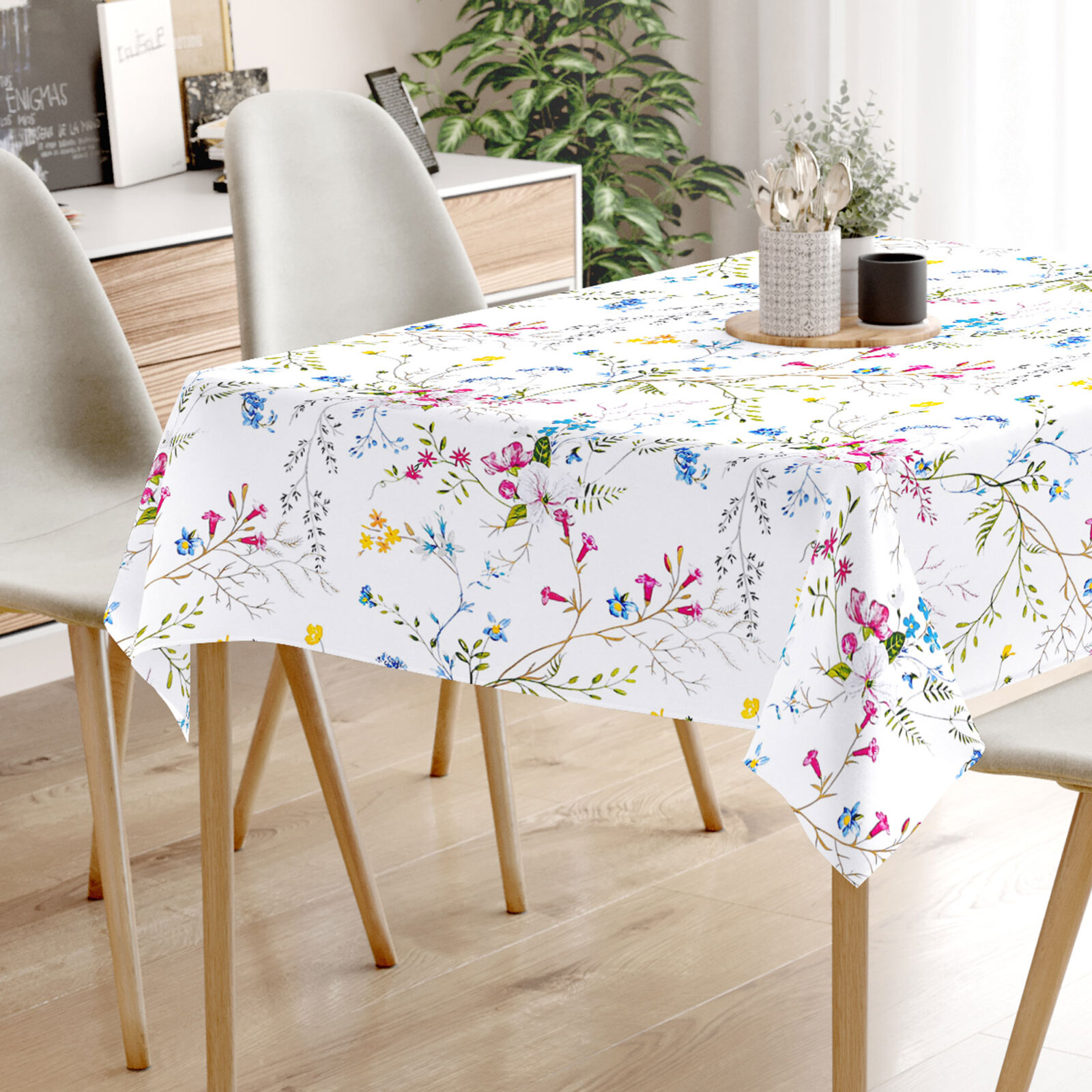 Hoekig tafelkleed 100% katoen renforcé - Geschilderde veldbloemen