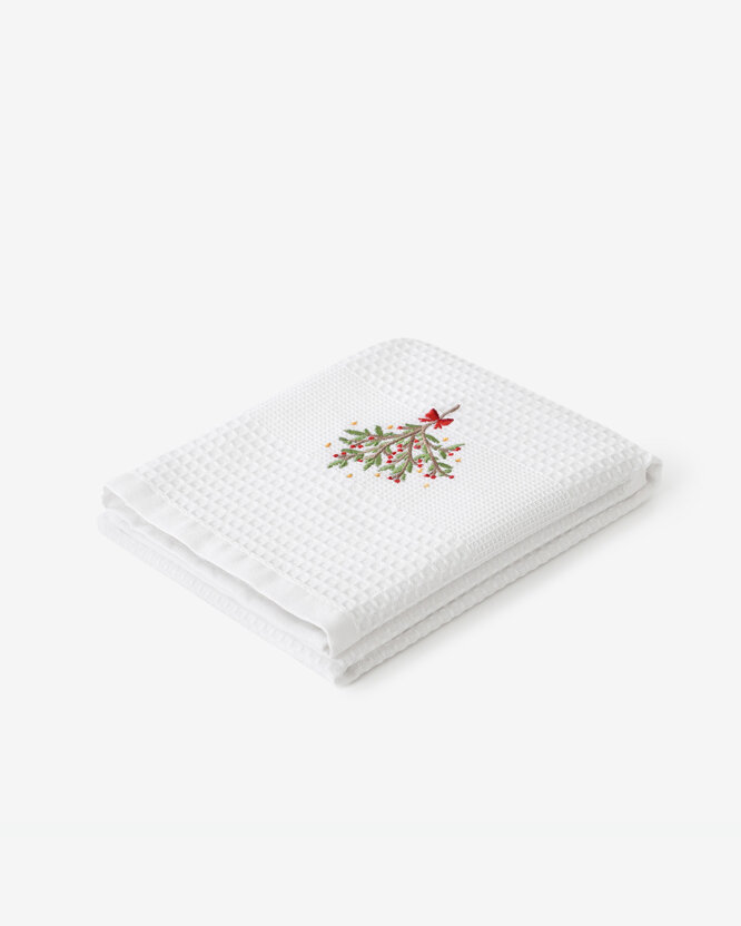 Kerst keuken geborduurde theedoek wafeldoek - Maretak op wit