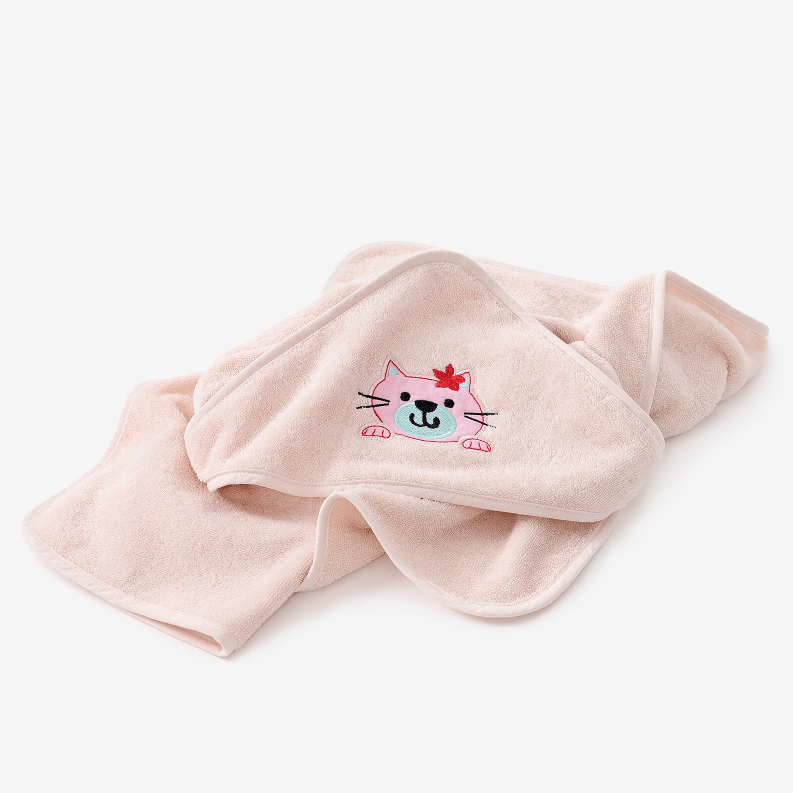 Baby badstof badhanddoek met capuchon - Poesje op lichtroze