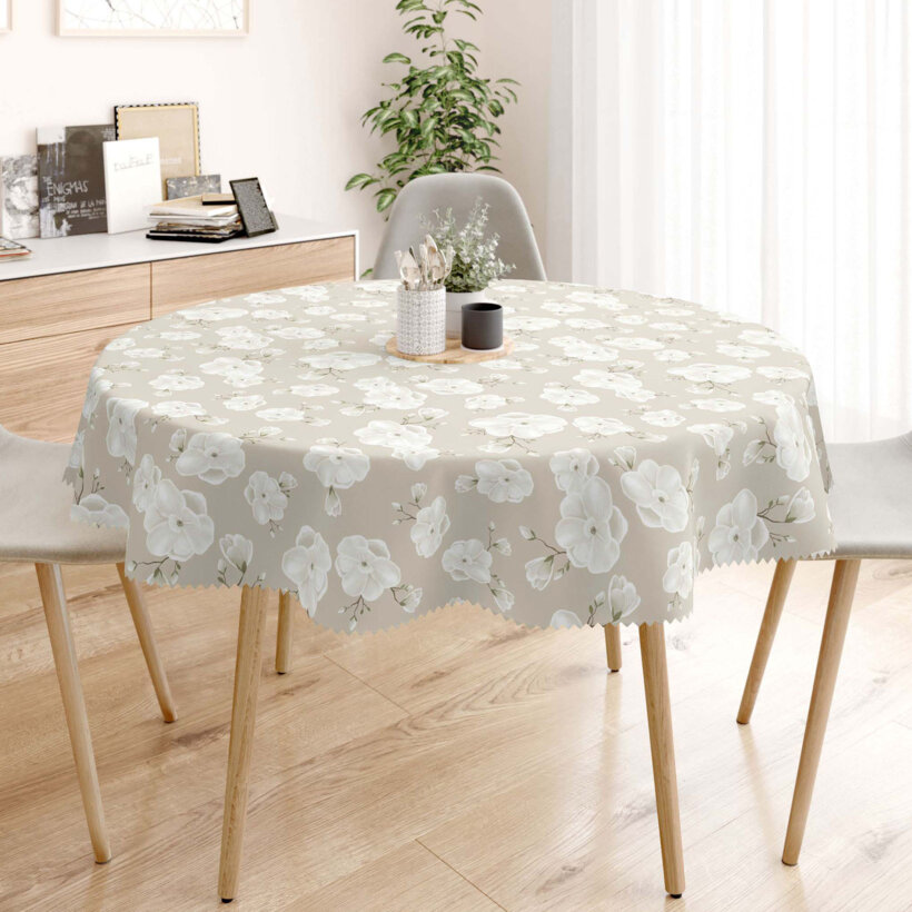 Rond teflon tafelkleed - Witte bloemen