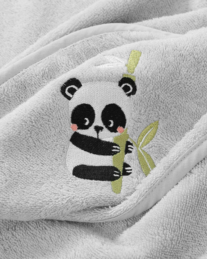 Kinder badstof badhanddoek met capuchon - Panda op lichtgrijs