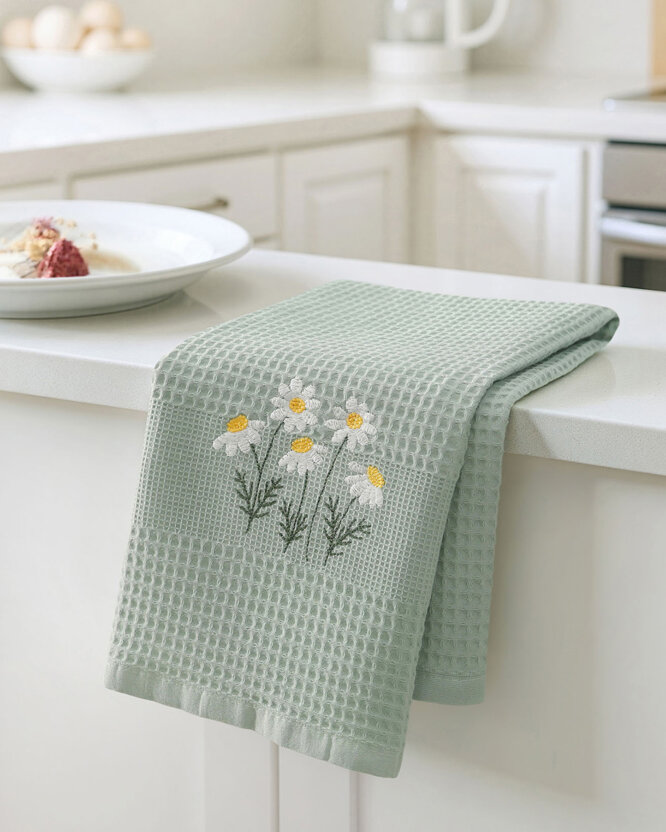 Keuken wafeldoek, geborduurde theedoek - Kamille op saliegroen