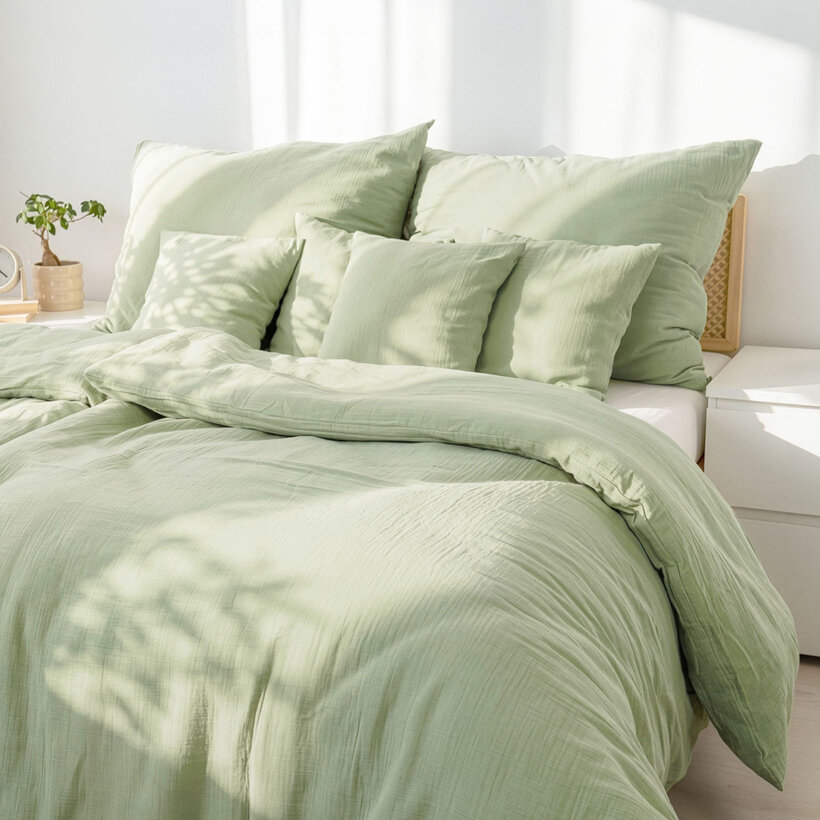 Mousseline beddengoed - licht saliegroen