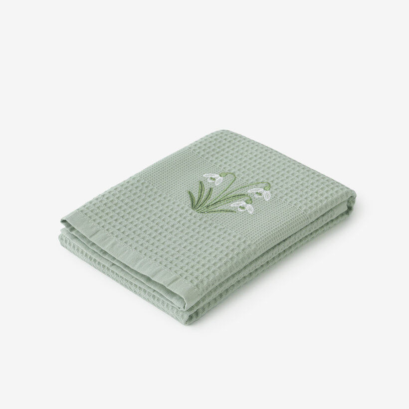 Geborduurde theedoek - wafeldoek - Sneeuwklokjes op saliegroen