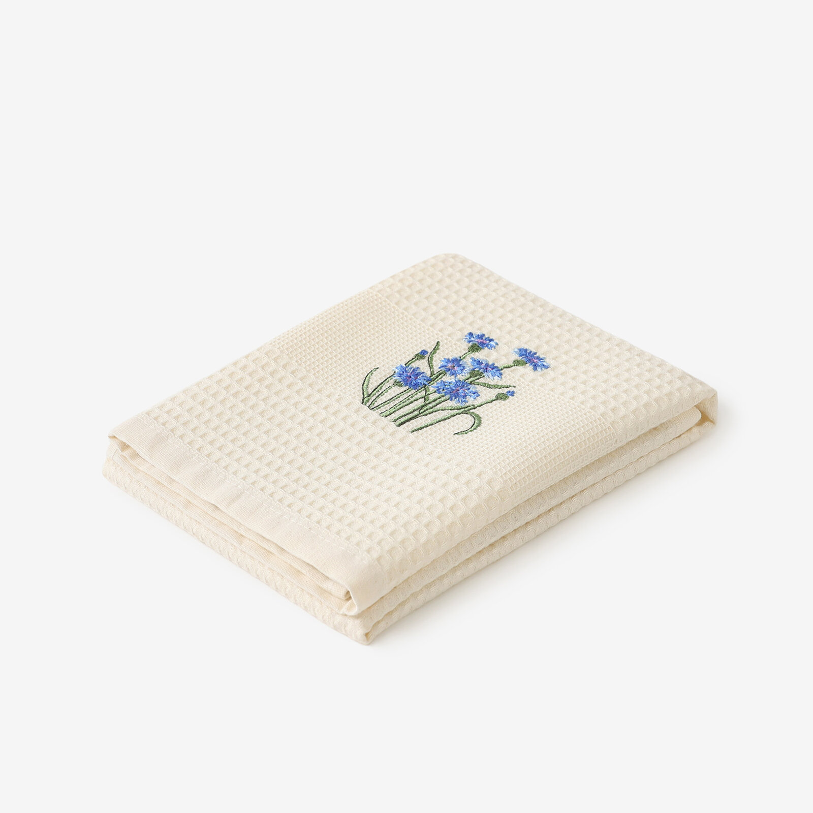 Geborduurde theedoek met wafelstructuur - Korenbloemen op crème