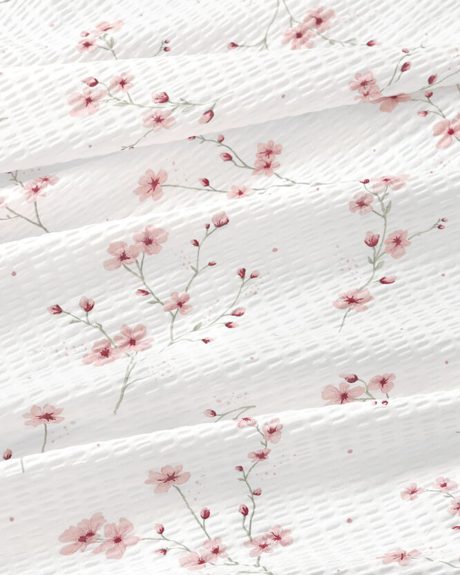 Crêpe beddengoed Duo - Bloeiende sakura's met poederroze
