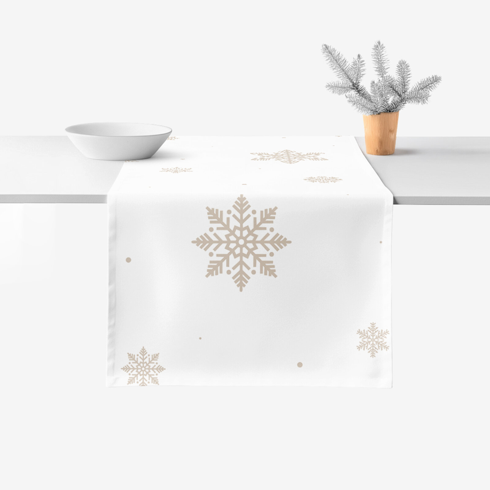 Tafelloper 100% katoen renforcé - Sneeuwvlokken op wit