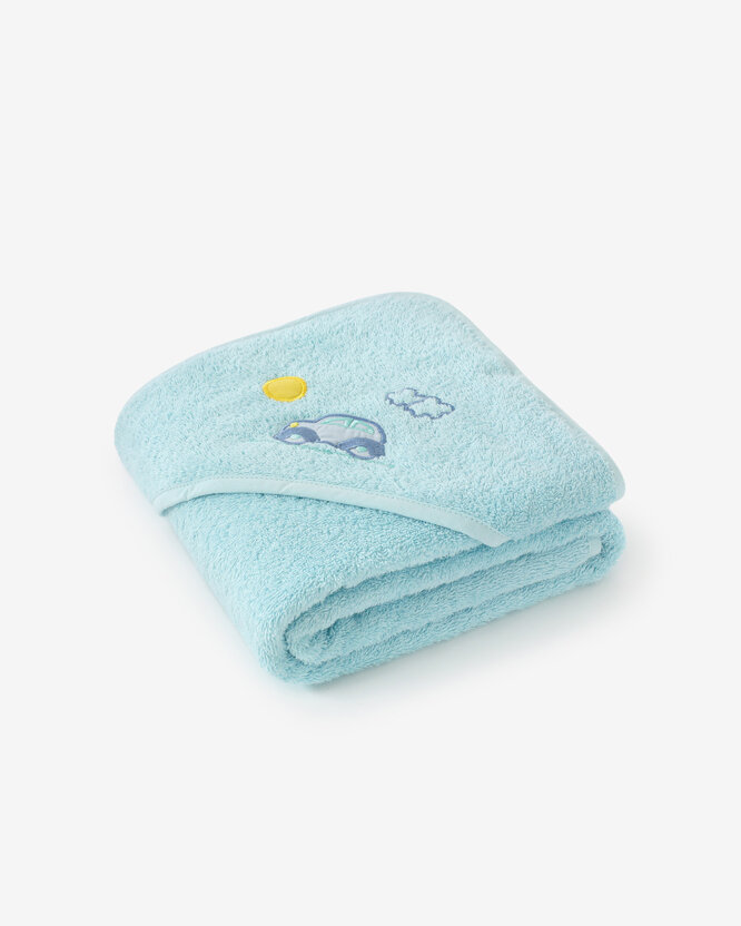 Kinder badstof badhanddoek met capuchon - Auto op blauw