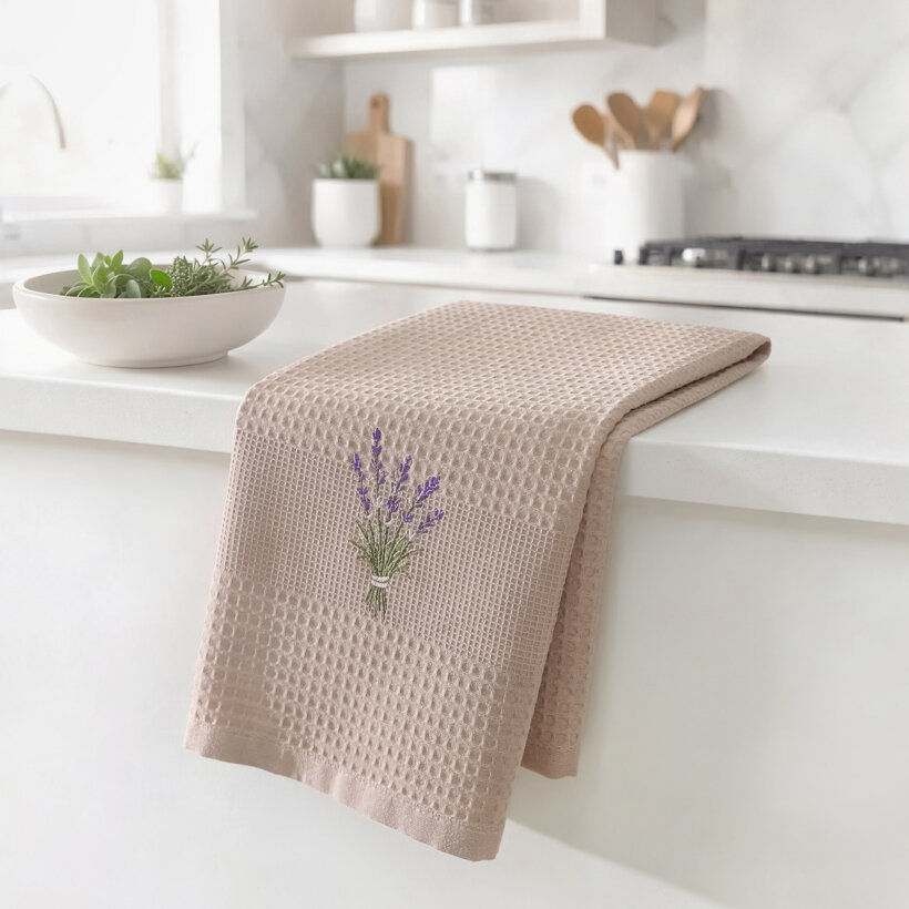 Geborduurde theedoek wafeldoek voor de keuken - Lavendel op bruin