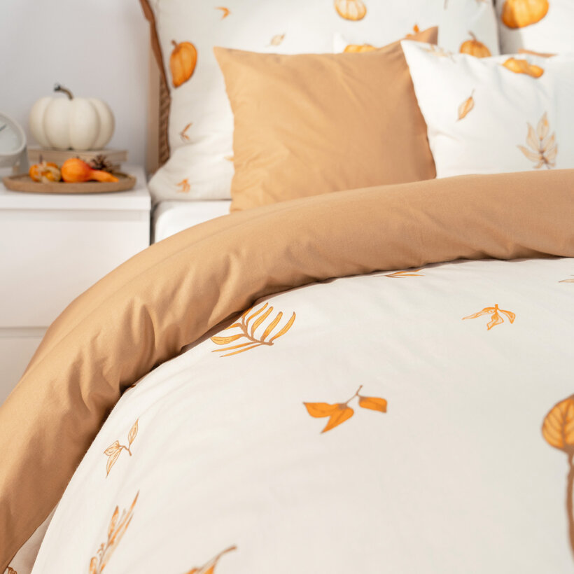 Katoenen beddengoed Duo - Herfst pompoenen en blaadjes met bruin