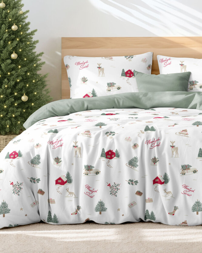 Kerst katoenen beddengoed Duo - Poolse Kerst (PL) met saliegroen