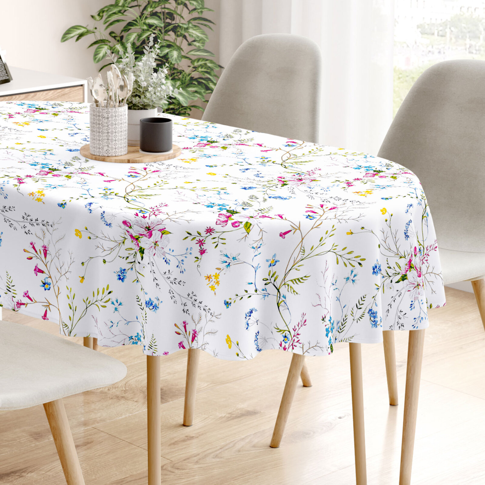 Ovaal tafelkleed 100% katoen renforcé - Geschilderde veldbloemen