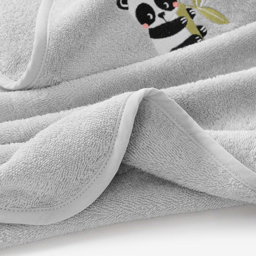 Kinder badstof badhanddoek met capuchon - Panda op lichtgrijs