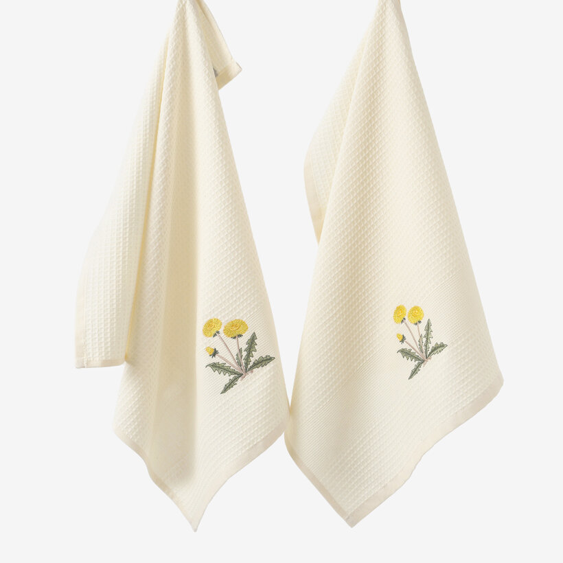 Keuken geborduurde theedoek wafeldoek - Paardenbloemen op crème