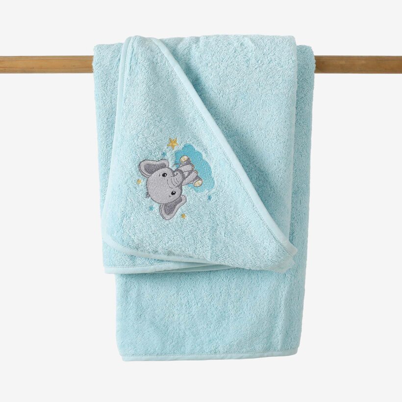 Kinder badstof badhanddoek met capuchon - Olifantje op blauw