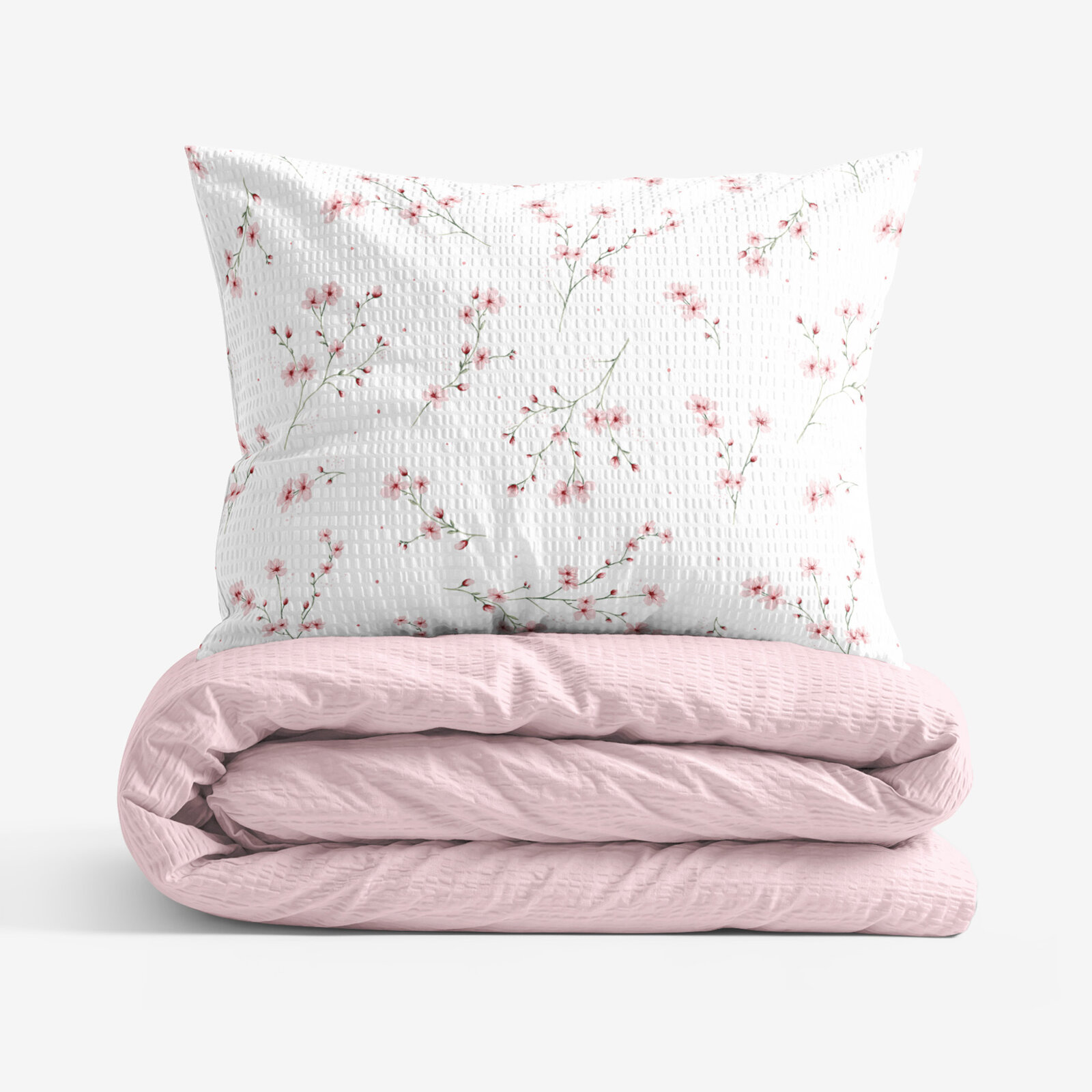 Crêpe beddengoed Duo - Bloeiende sakura's met poederroze