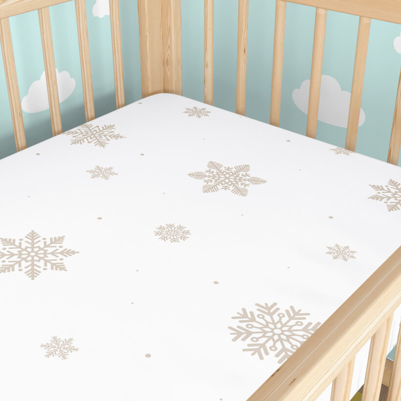 Katoenen hoeslaken voor een babybedje - Sneeuwvlokken op wit