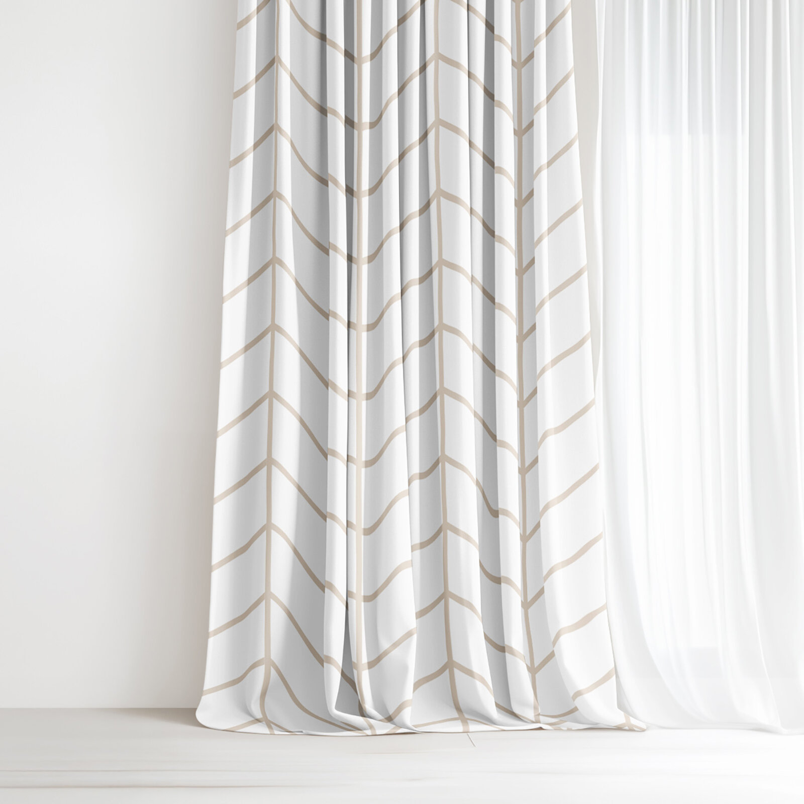 Katoenen gordijn - Beige zigzag op wit