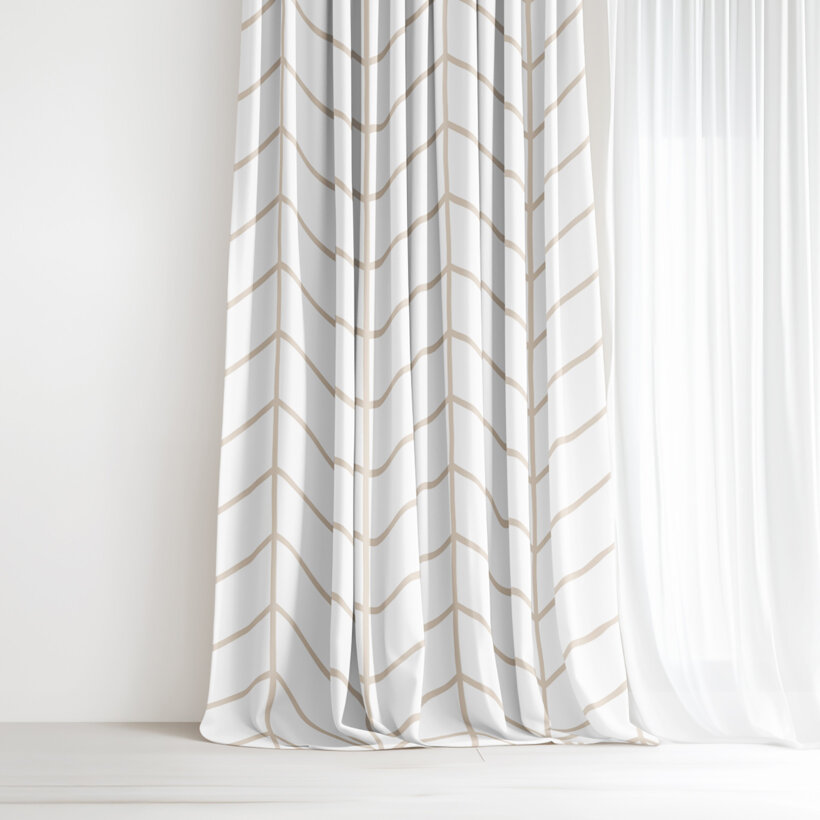Katoenen gordijn - Beige zigzag op wit