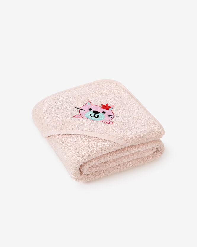 Baby badstof badhanddoek met capuchon - Poesje op lichtroze