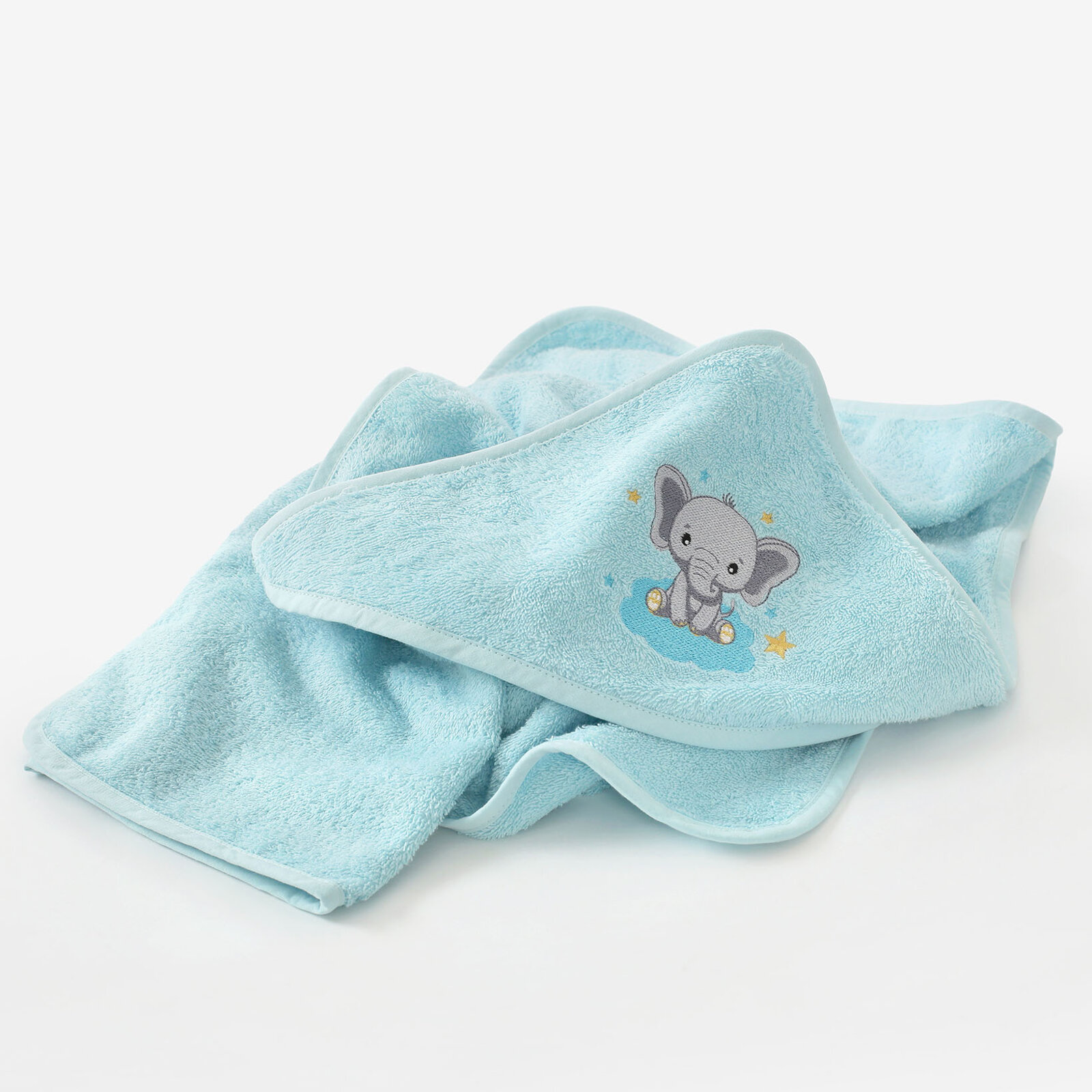 Kinder badstof badhanddoek met capuchon - Olifantje op blauw