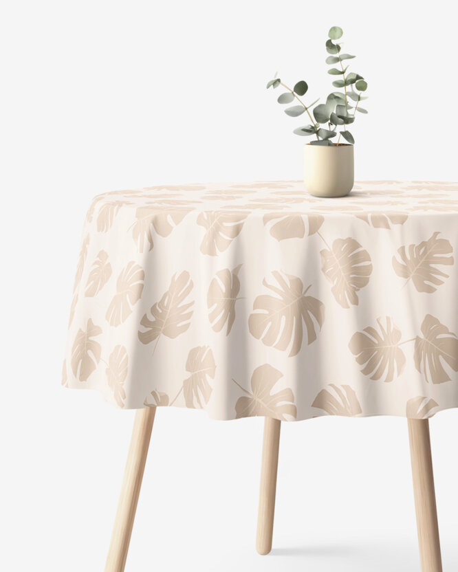 Rond tafelkleed 100% katoen renforcé - Tropische bladeren op beige