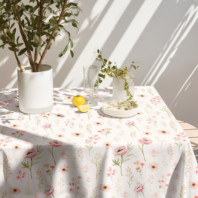 Hoekig teflon tafelkleed - Roze bloemen